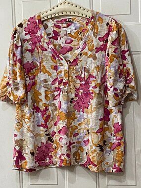 Chico's  Sz 4 (2XL) Henley Tee Shirt Blouse Puff Sleeve Multi Watercolor Floral